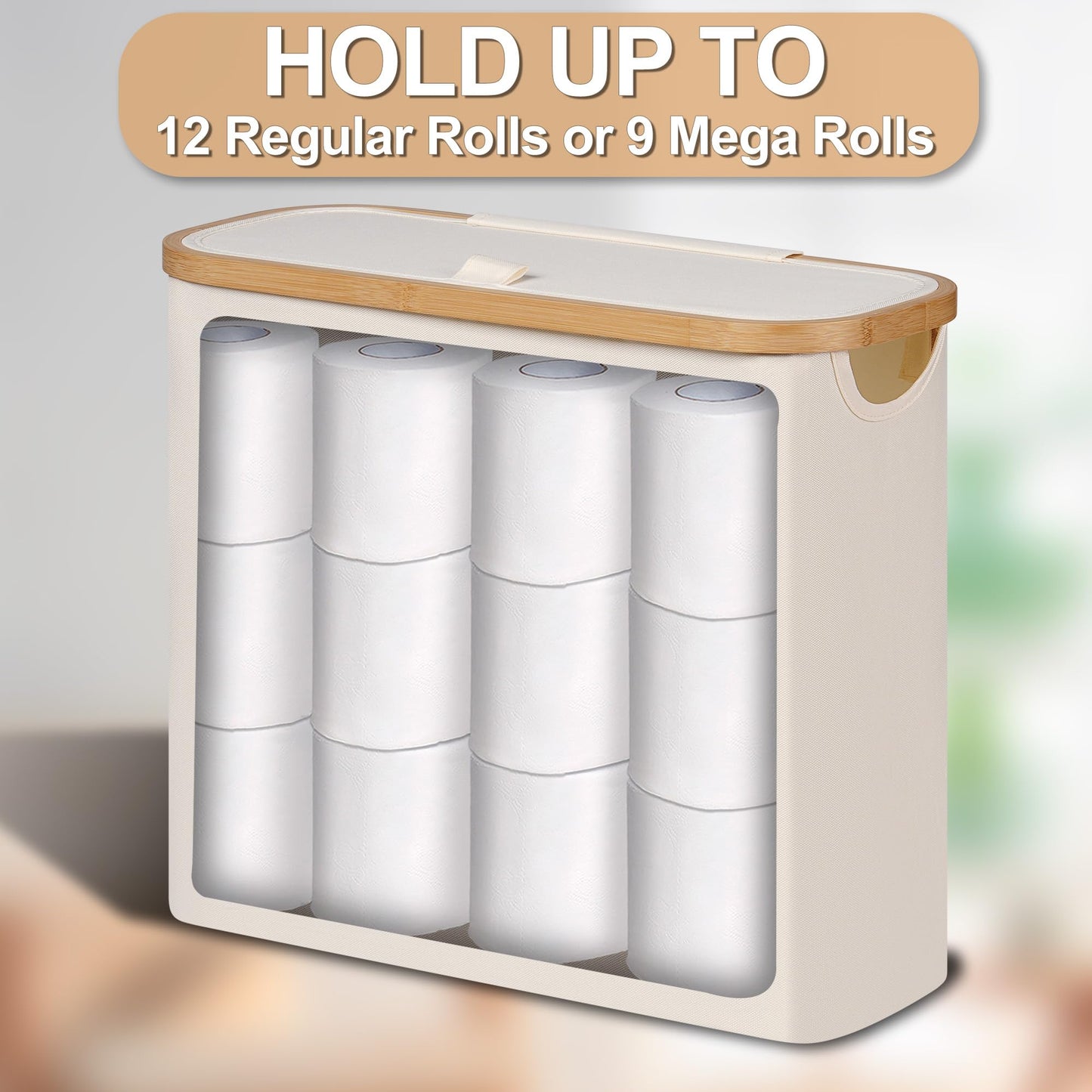 efluky Toilet Paper Storage 28L, Toilet Paper Basket with Lid for Bathroom Storage, Toilet Paper Organizer, Free Standing Toilet Paper Holds Up to 9-12 Rolls, Beige