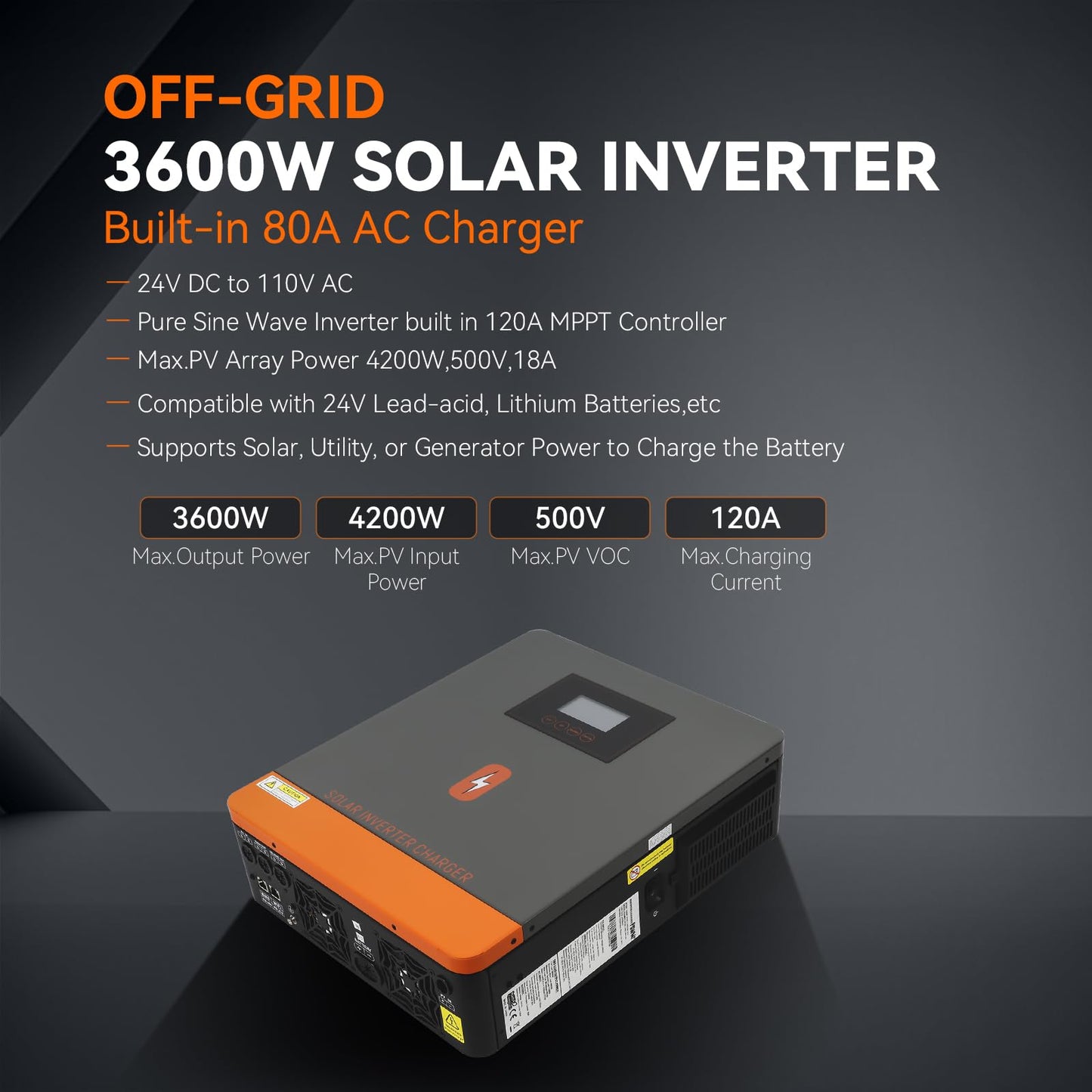 Solar Inverter 3600W 24V Built-in 120A MPPT Controller+80A AC Charger, 3600-watt Pure Sine Wave Power Inverter Max.PV Input 4200W, 500V, fit for 24V Lead-Acid and Lithium Batteries