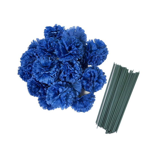 Rikyo 50 Artificial Silk Carnation Flower Head with Stems Set,Vase Fillers for Bridal Wedding Party Birthday Cake Ornaments,DIY Wrist Corsage,3" Petals Heads with 8" Stems(Royal Blue)