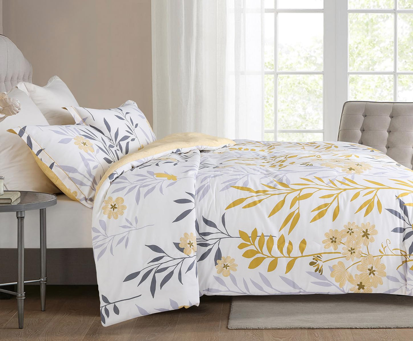 SLEEPBELLA Cotton Queen Size Comforter, 600 Thread Count Cotton Grey Branch with Yellow Flower & Grey Leaves Pattern Comforter Set,Down Alternative Bedding Set 3Pcs(Queen, Yellow Botanical)