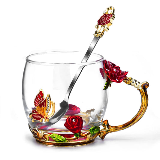 OEAGO Gifts for Mom Women Mothers Day Glass Coffee Enamels Mug Best Birthday Butterfly Rose Gifts for Her from Daughter Son Lead-Free Valentines Day Christmas Stocking Stuffers for Women Red Tea Cup