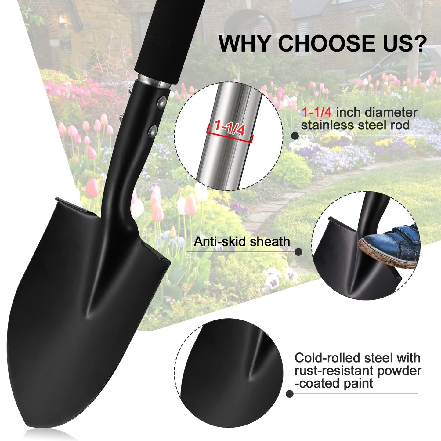 Shovels for Digging,31 inch Long & 1-1/4inch Diameter with Curved D -Shaped Handle Heavy Duty Car Shovel, Suitable for Excavation Camping Car Gardening.