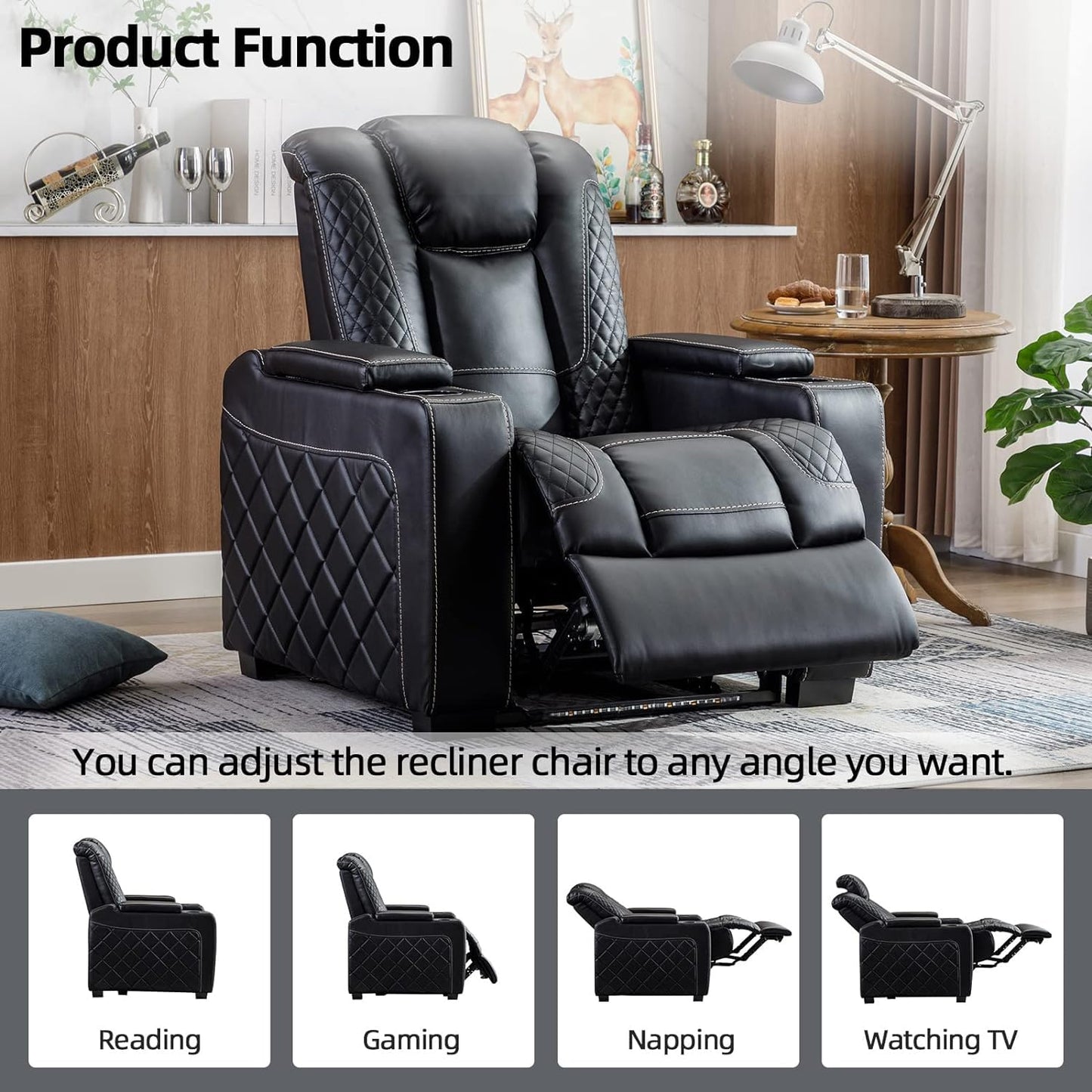 CANMOV Electric Power Recliner Chair with Ambient Lighting, Faux Leather Dual Motor Power Home Theater Seating with Adjustable Headrest, Hidden Arm Storage,Cup Holders,USB Ports (Single, Black)