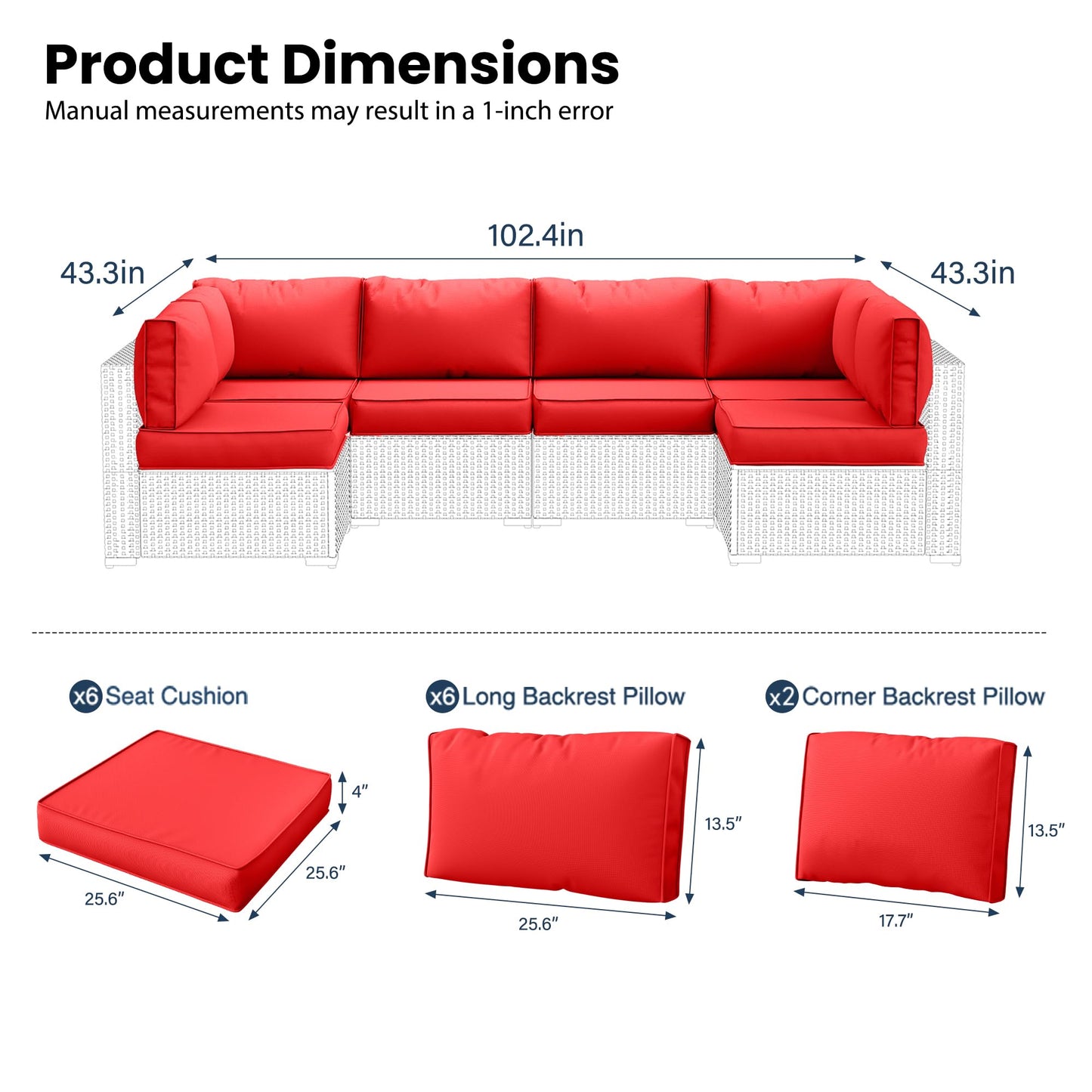 UDPATIO Outdoor Replacement Cushions for Patio Furniture, Waterproof Patio Cushions for 6-Seat Sectional Patio Conversation Sets, 14-Piece Outdoor Cushion Slipcovers Patio Sofa Cushions (Bright Red)