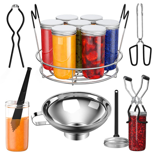 Pisol Canning Supplies Starter Kit, 7 Piece Canning Tools Set with Stainless Steel Rack, Wide Mouth Funnel, Kitchen Tongs, Jar Lifter, Magnetic Lid Lifter, jar Wrench, Bubble Popper