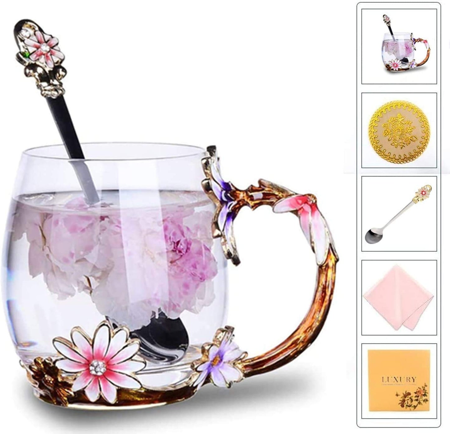 evecase daisy Flower Glass Mugs Tea Cup with Steel Spoon,Tea Lovers Gifts for Women,Wife,Mom,Female,Friends,Birthday,Mothers Day, valentines day,Christmas