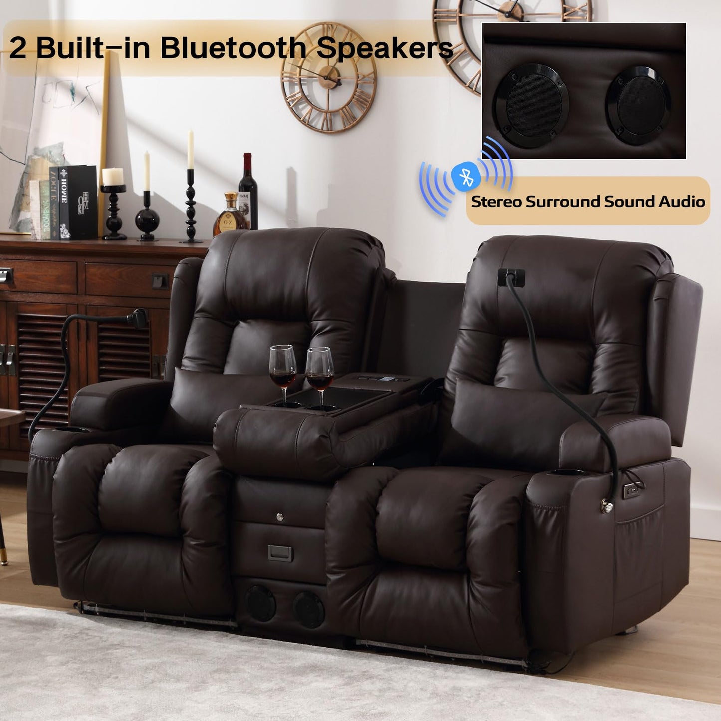 URRED Power Loveseat Recliner Sofa, PU Leather Home Theater Seating with LED Ambient Light, Double Recliner RV Sofa with Flipped Middle Backrest/Bluetooth Speakers/USB/Built-in Outlets, Brown