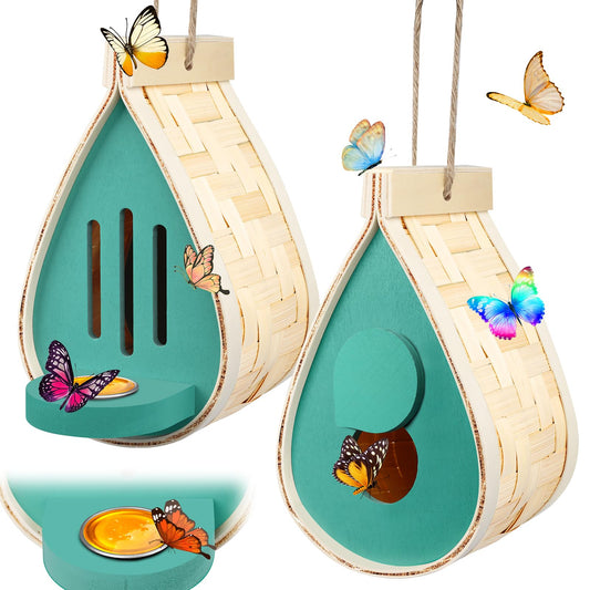 2 Pcs Butterfly House and Feeder, Wooden Hanging Butterfly House for Garden, Natural Butterfly Habitat with Butterfly Puddler for Bugs, Butterflies, Moths, Lacewings