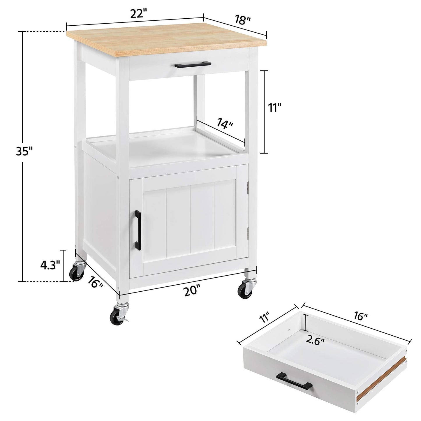 Yaheetech Rolling Kitchen Island with Single Door Cabinet, Kitchen Cart with Drawer on Swivel Wheels, Small Coffee Cart Microwave Stand with 3 Side Hooks for Dining Room, White