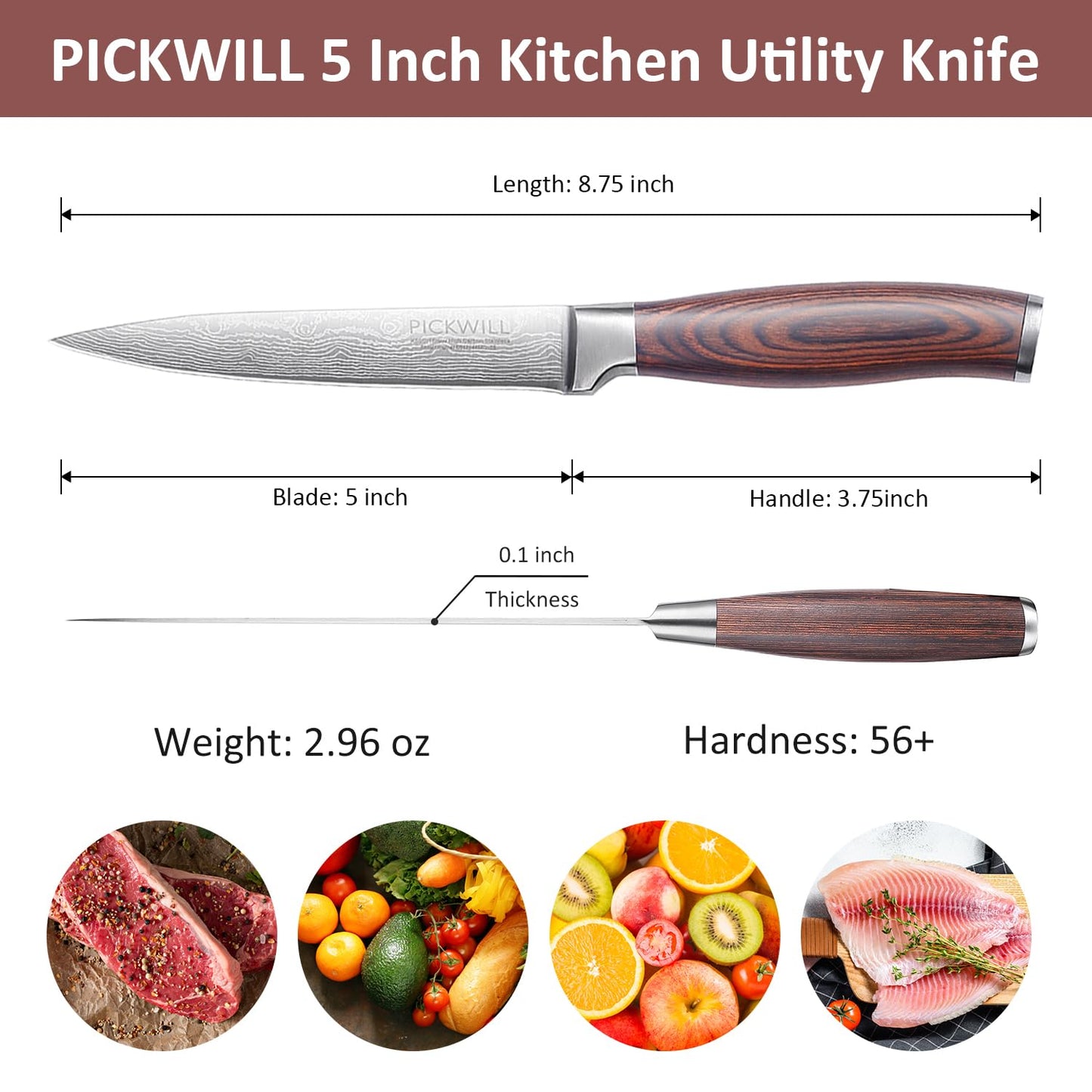 PICKWILL 5 Inch Kitchen Utility Knife with Sheath, Multi-purpose Small Chef Knife with Ergonomic Pakkawood Handle, 5Cr15MoV stainless steel Knives for Cutting Meat, Fruit & Vegetable