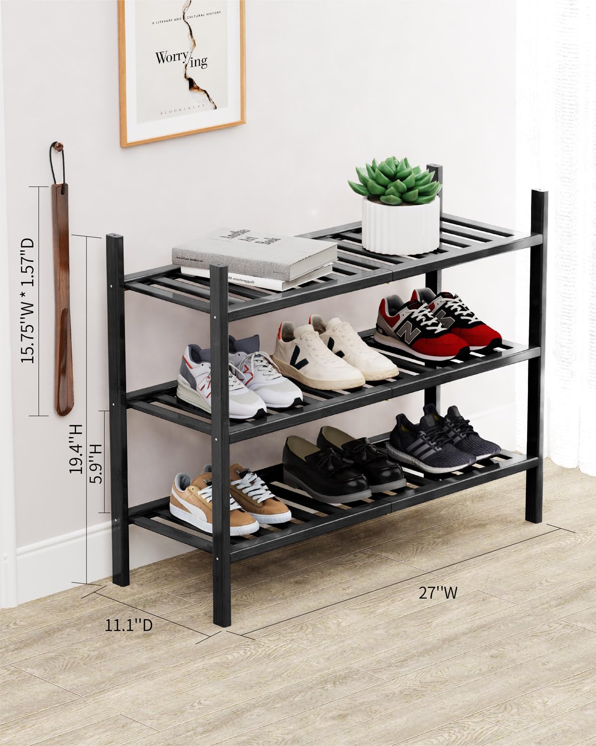 VOPOG Shoe Rack, 3-Tier Bamboo Shoe Rack for Front Door Entrance with Shoe Horn, Stackable Shoe Rack Organizer Shoe Shelf for Entryway, Hallway, Bathroom, and Closet Shoe Organizer - Black