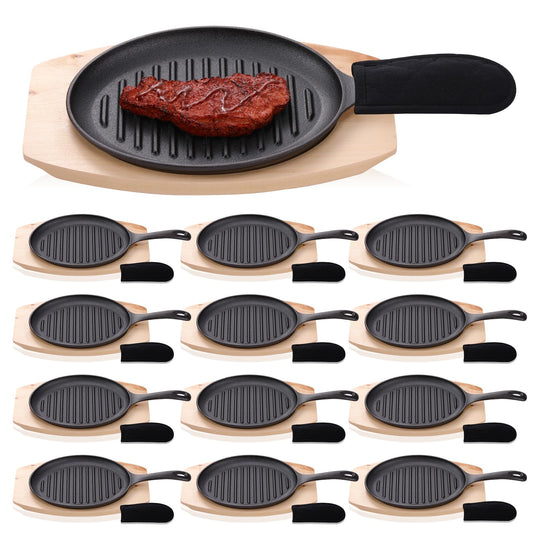Mifoci 12 Pcs Fajita Cast Iron Skillet Set Heavy Duty Non Stick Sizzling Plate with Wooden Tray and Hot Mitt Pre Seasoned Steak Plate Evenly Heated Flat Sizzler Plates for Home Restaurant, Black