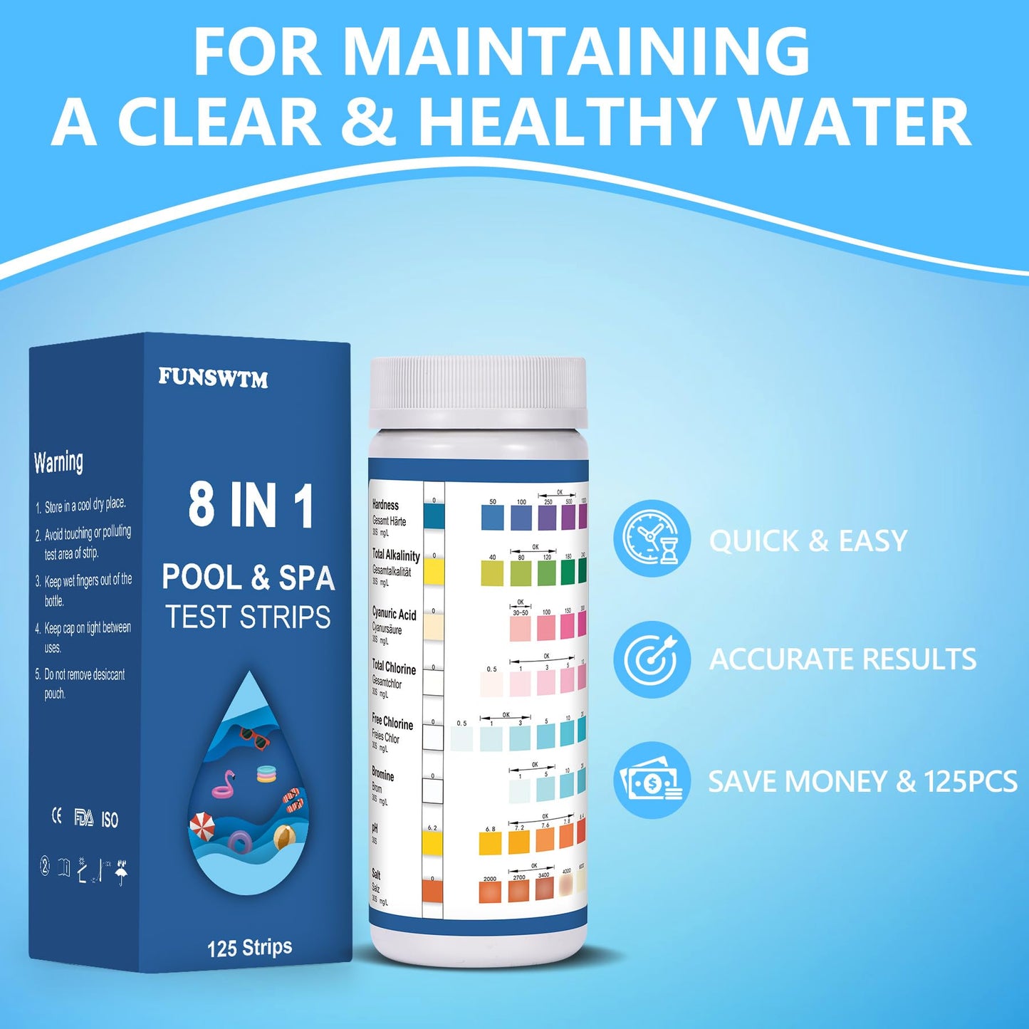 Pool Test Strips, 125ct 8 in 1 Pool and Spa Test Strips for Hot Tub, Swimming Pools and Salt Water Pools - Easy to Test pH, Chlorine, Alkalinity, Hardness, Cyanuric Acid, and Salt Testing Kit