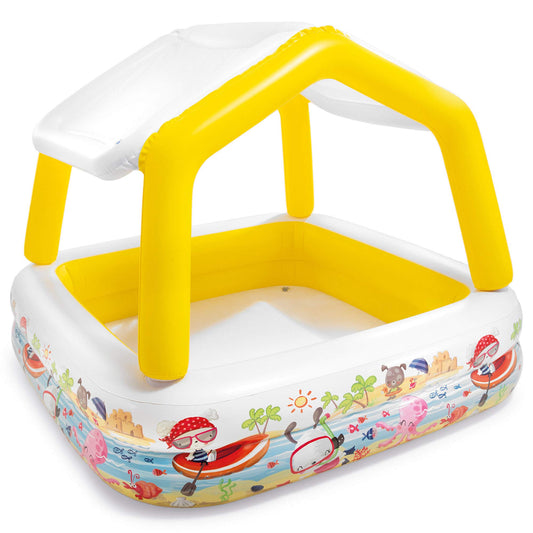 Intex Sun Shade 5 Foot Square Inflatable Durable 10 Gauge Vinyl Kiddie Pool with Ocean Scene and Canopy for Ages 3 Years and Up, Multicolor