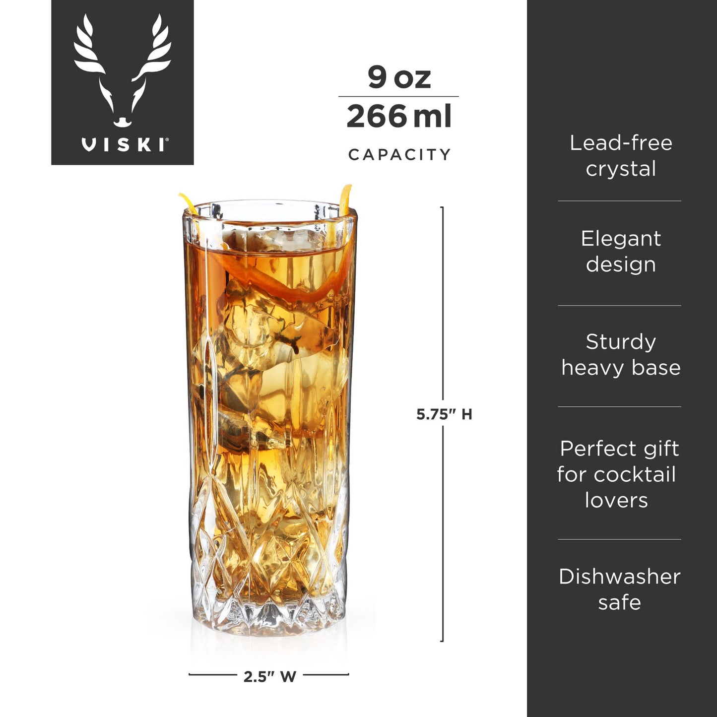 Viski Admiral Highball Glasses - Cut Crystal Drinking Glasses - Tall Cocktail Glasses 9oz Set of 4