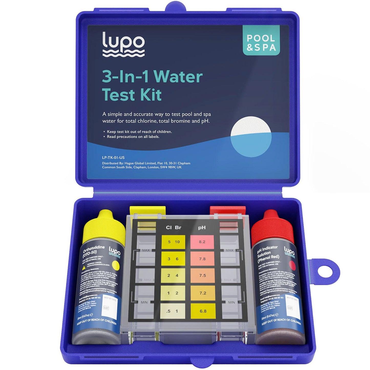 Lupo 3-in-1 Pool Test Kit | Pool Testing Kit for Residential Swimming Pools & Spas for Testing Total Chlorine, Total Bromine & pH | Chemical Test Kit for Quick & Accurate at-Home Pool Water Testing