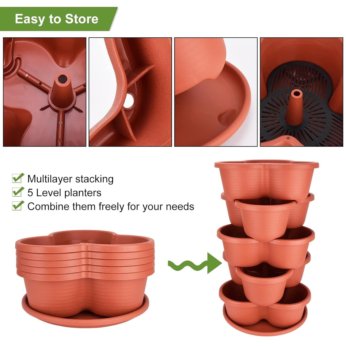 RooTrimmer 2-Pack Stackable Planter Pots, Brick Red, 5 Tier Garden Tower, Indoor/Outdoor Planters, Ideal for Growing Vegetables and Succulents