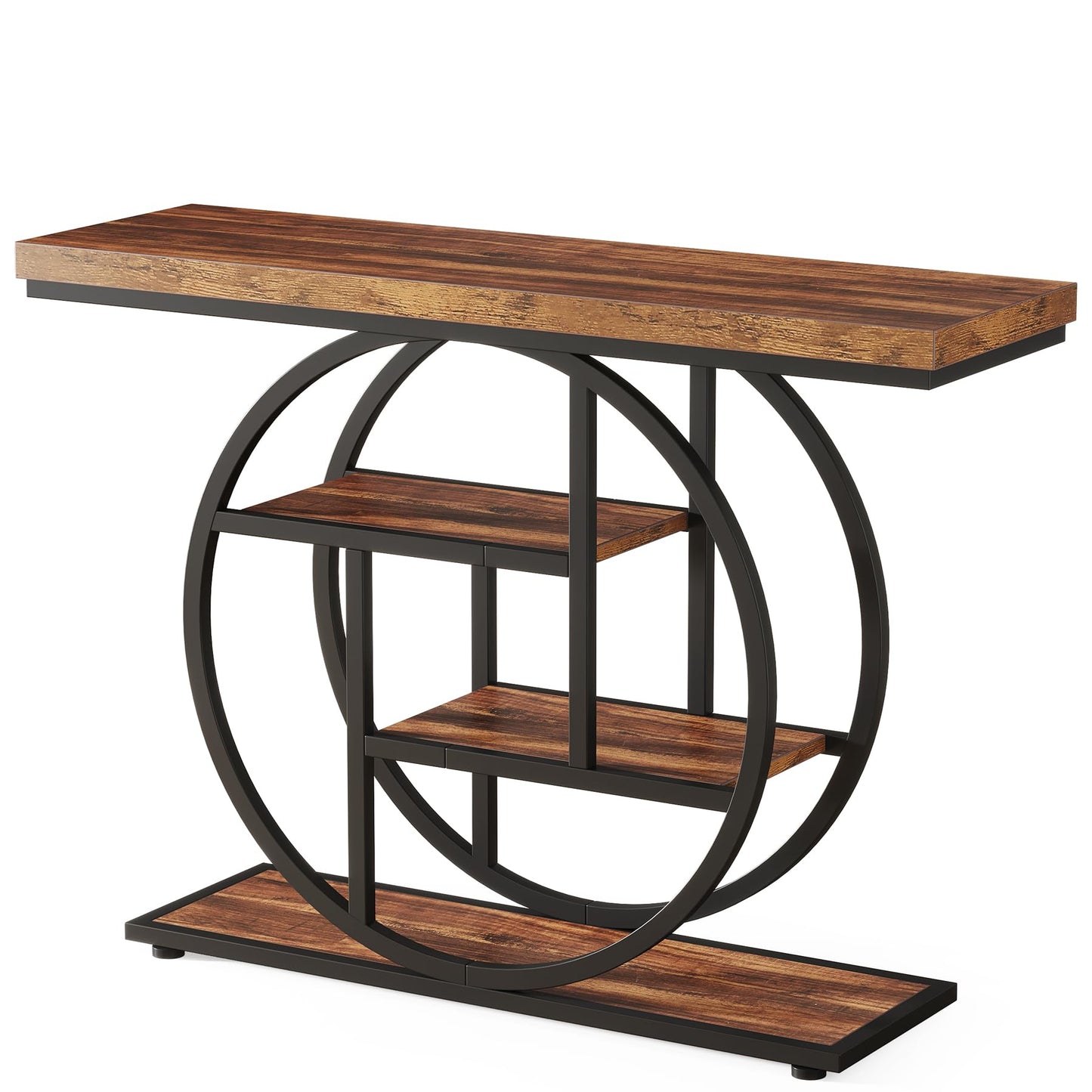 Tribesigns 41.3" Console Table, Industrial 4-Tier Sofa Table Entryway Table with Circle Base, Narrow Wood Accent Tables with Storage Shelves for Living Room, Hallway, Foyer, Rustic Brown