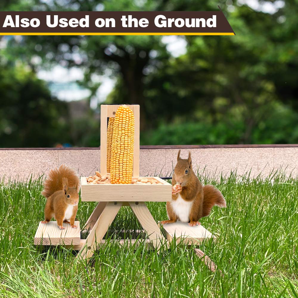 Solution4Patio Expert in Garden Creation Adorable Squirrel Feeder Picnic Table Shaped with Mirror, Corn Cob Holder and Snack Mesh Tray, for Fruit, Nuts, Peanut Butter Treats, Eay to Install