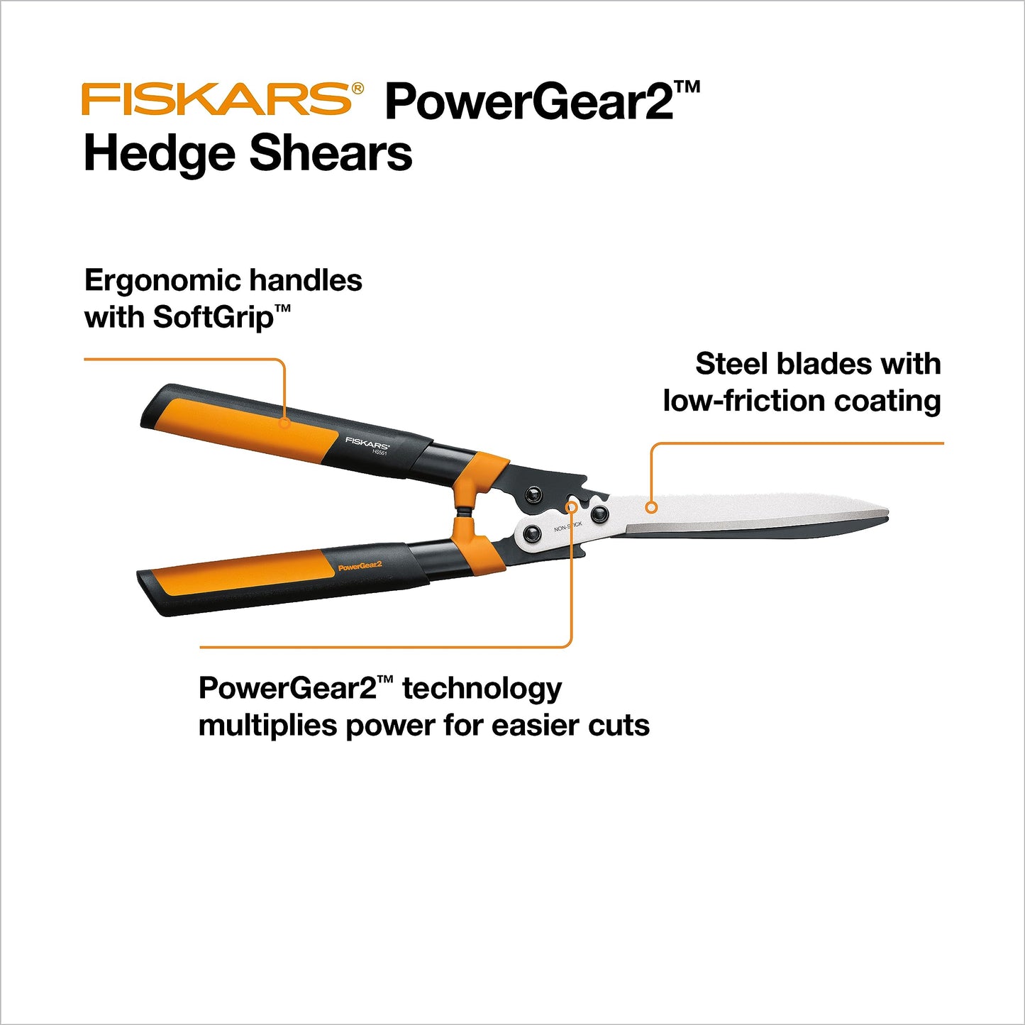 Fiskars 23-Inch Hedge Shears, Bush Trimmer with PowerGear2 Design That Provides 3X More Power on Every Cut, SoftGrip handles with Shock-Absorbing Bumpers