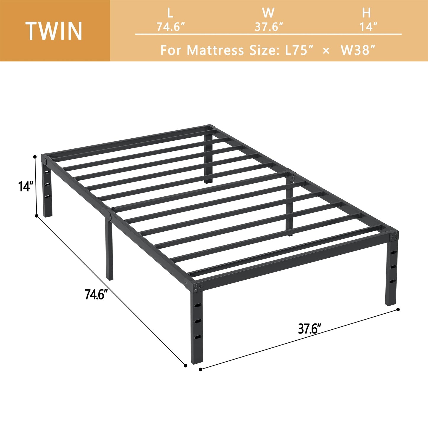 NEW JETO Metal Bed Frame-Simple and Atmospheric Metal Platform Bed Frame, Storage Space Under The Bed Heavy Duty Frame Bed, Sturdy Twin Size Bed Frame, Suitable for Bedroom, Twin