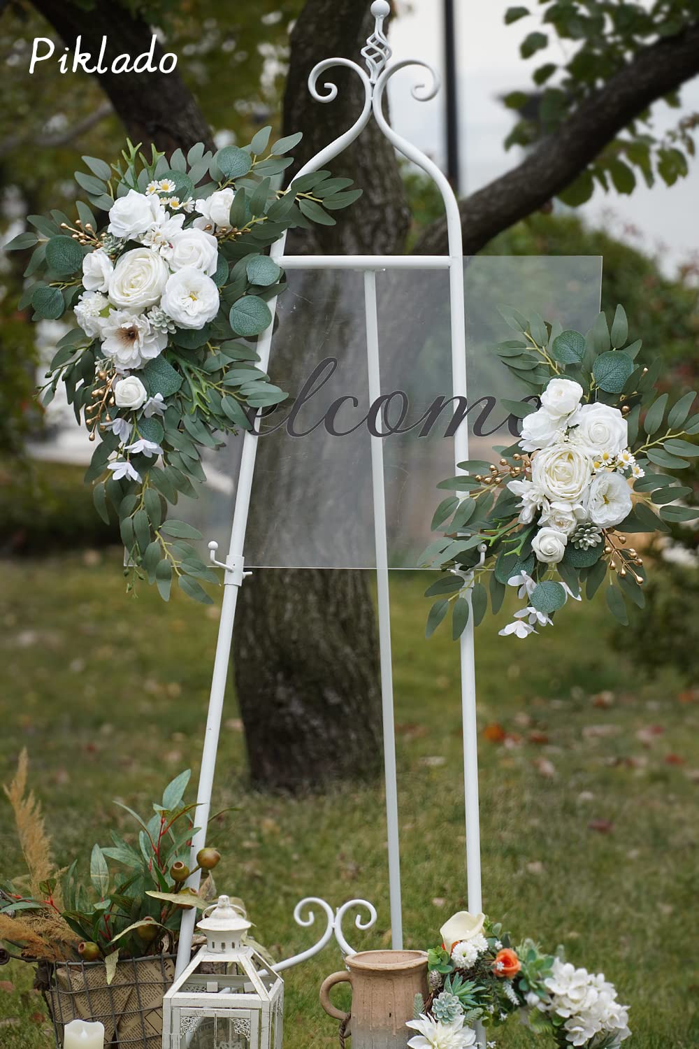 Piklado Faux Flower Swag Set of 2 for Wedding Welcome Signs Floral Swag Wedding Reception Ceremony Signs Decor (White)