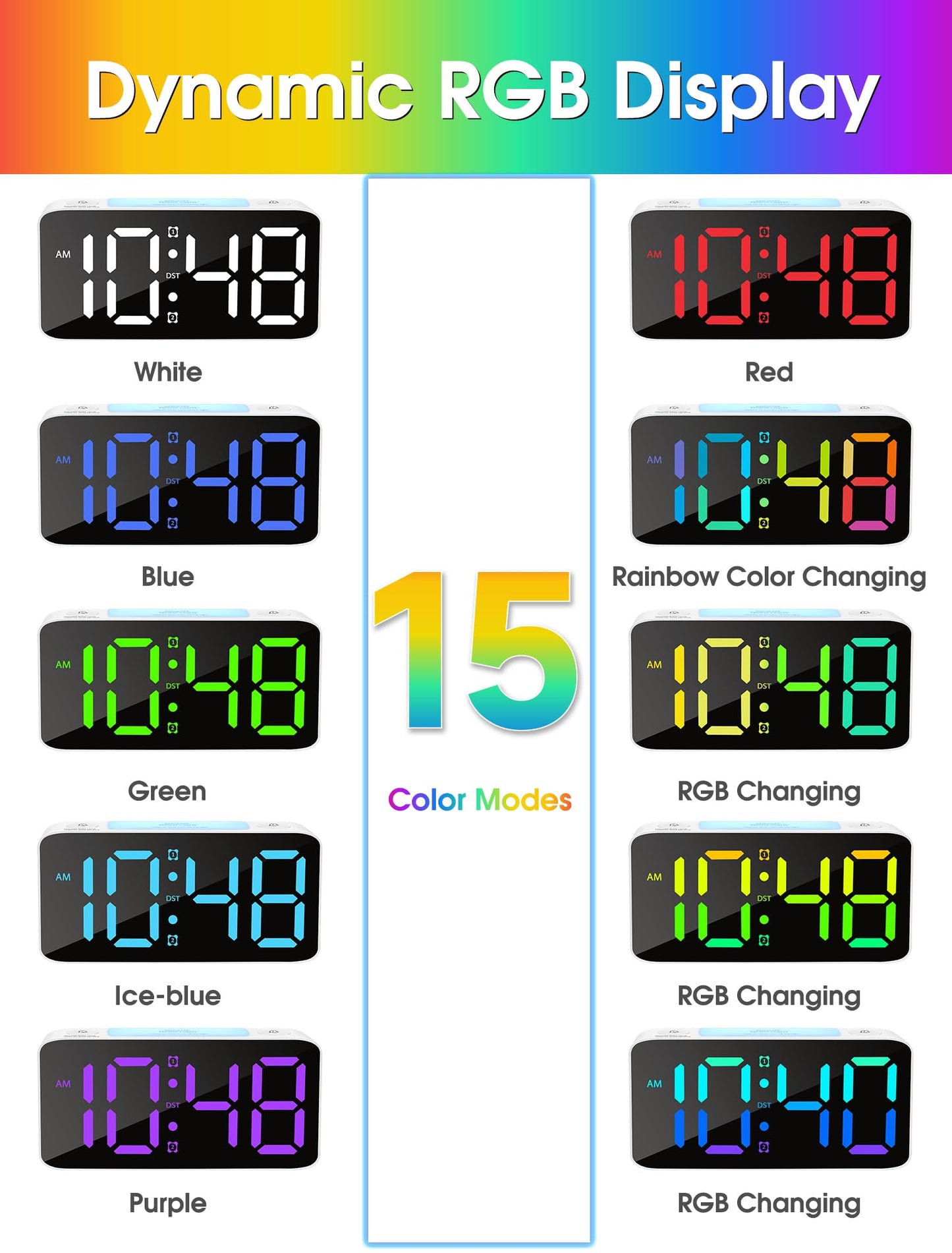 Cadmos Super Loud Alarm Clock for Heavy Sleepers Adults,Digital Clock with 7 Color NightLight,Adjustable Volume,USB Charger,Small Clocks for Bedrooms,Ok to Wake Up for Kids,Teens (White+RGB)