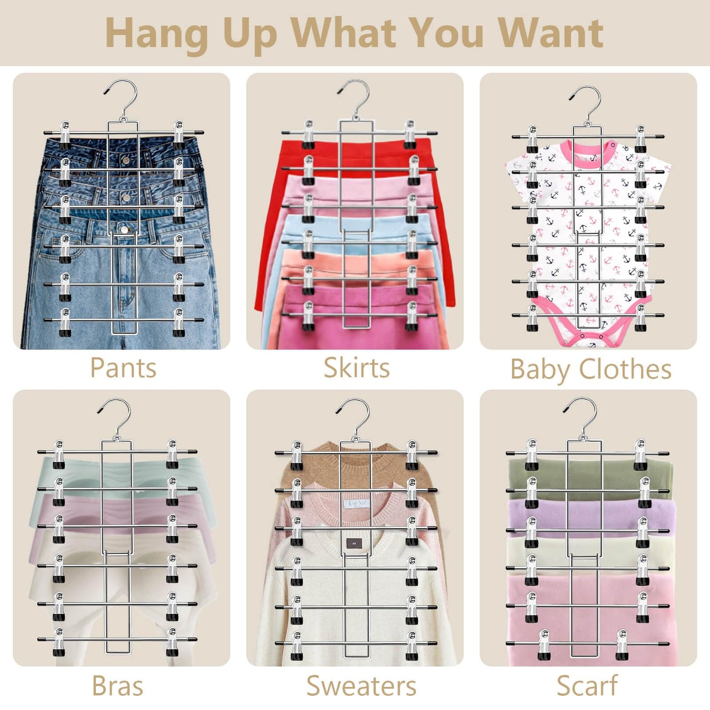 Hangers,Pants Hangers,Space Saving Hanging Closet Organizer - 6 Tiers Skirt Hangers with 360° Swivel Hook,Hangers Space Saving with Clips,Closet Organizers and Storage -Clothes Hangers- 2 Pack