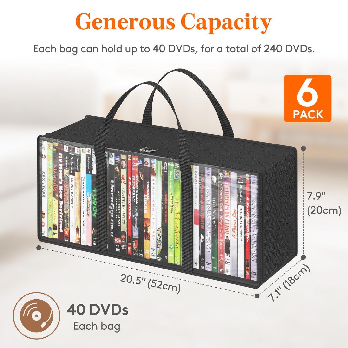 Lifewit DVD Storage Bags 6 Pcs, Clear PVC Plastic CD Organizer with Handles and Zipper, Media Holder for Blu Ray Disc, Movie Cases, VHS Box, Video Game Disks, Albums, Books, Holds 240 DVDs (40 Each)