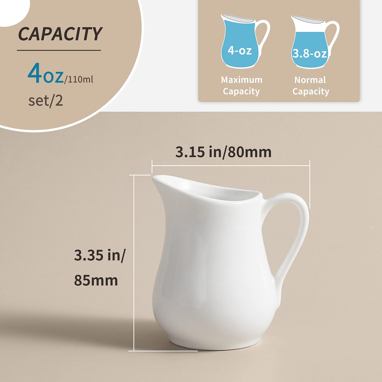 Gurygo 2 Pack 4 Oz Classic White Creamer with Handle - Small Creamer Pitcher Set - Fine Porcelain Small Milk Pitcher - Ceramic Creamer Pitcher for Coffee Milk Sauces Salad, Microwave & Freezer Safe