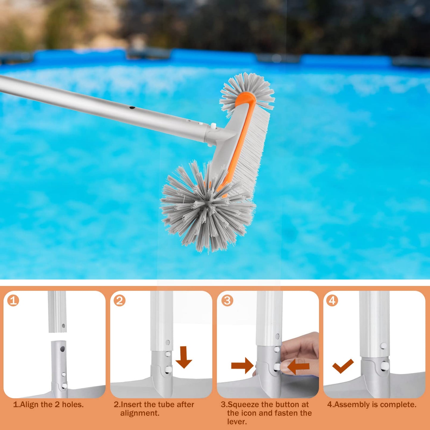 Poolvio Professional 17.5" Floor & Wall Pool Cleaning Brush with Tough Around Nylon Bristles, EZ Clip Aluminum Handle- Easily Sweep from Walls, Floors, Steps (Orange)