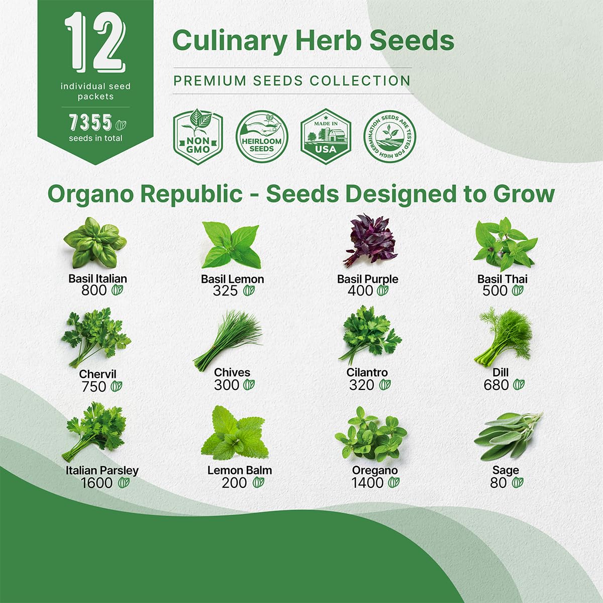 Organo Republic 12 Culinary Herbs Seeds Variety Pack - 7,355+ Heirloom, Non-GMO, Herbs Seeds for Outdoor and Indoor Home Gardening, Including Basil, Cilantro, Chives, Dill, Parsley, Sage