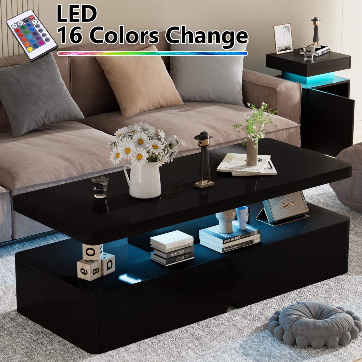 oneinmil Modern Stylish Coffee Table with 16 Colors LED Lights, Double-Layer Design for Living Room, Black