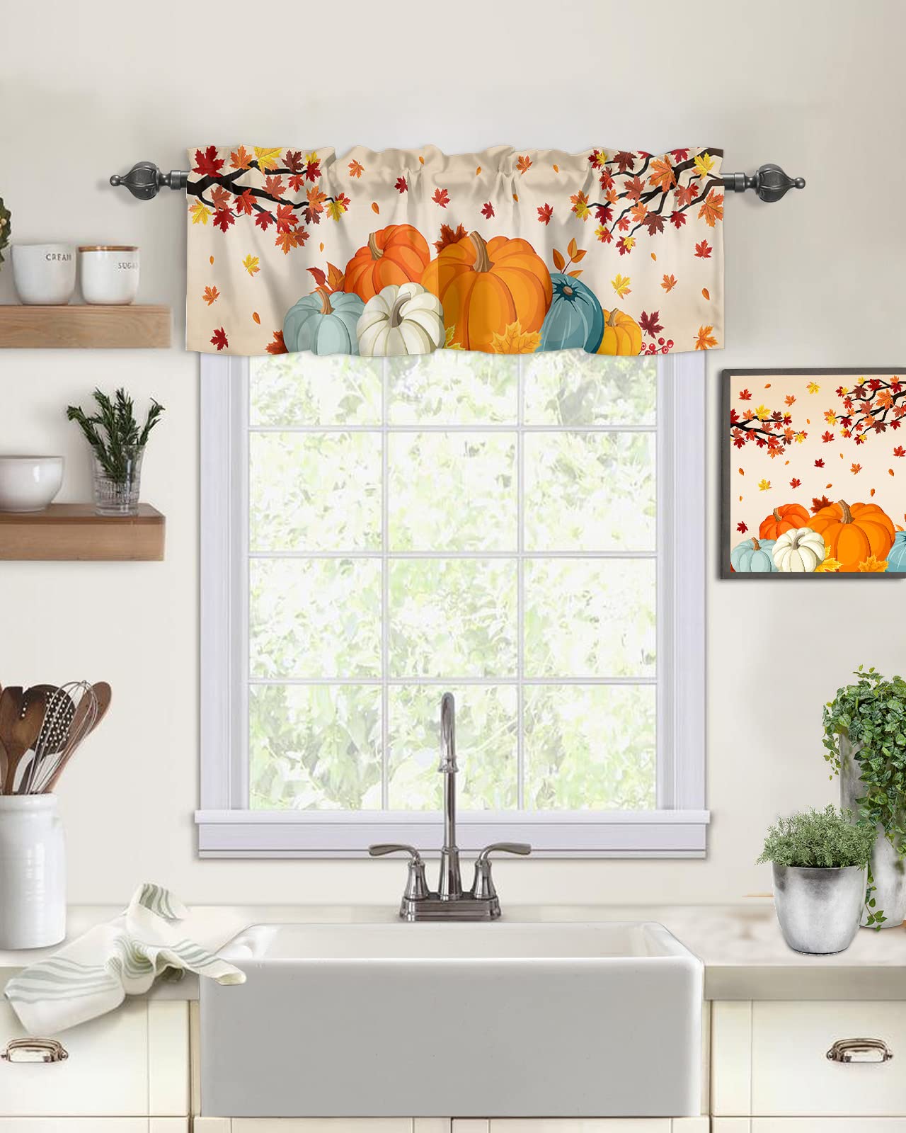 Harvest Pumpkin Valances Windows Curtain Thanksgiving Fall Kitchen Valances Rod Pocket Autumn Maple Leaf Window Curtain Treatment Short Topper Curtains Autumn, Fall Seasonal Decor 1 Panel,54 by 18 in