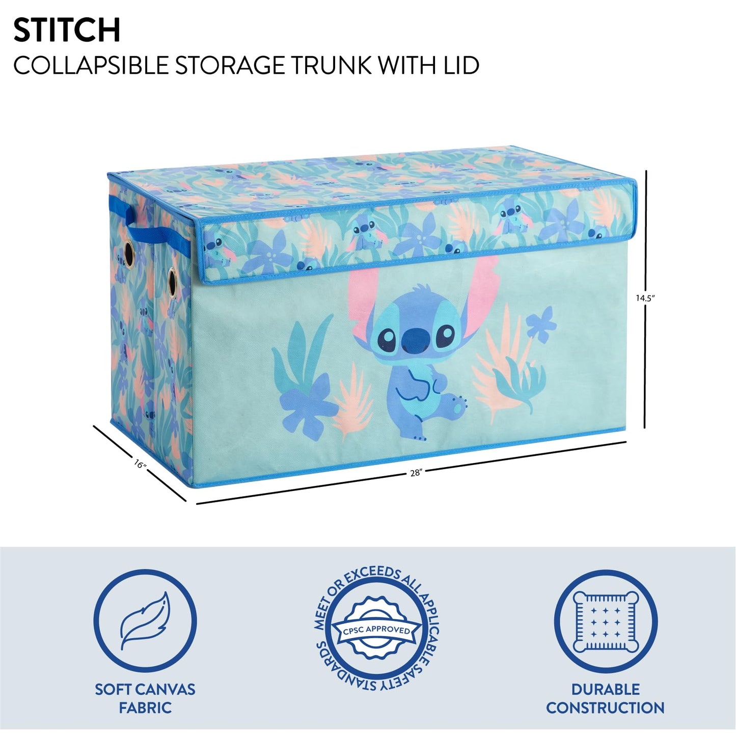 Idea Nuova Disney Stitch Collapsible Storage Trunk, Durable with Soft Lid, 28.5"x14.5"x16"