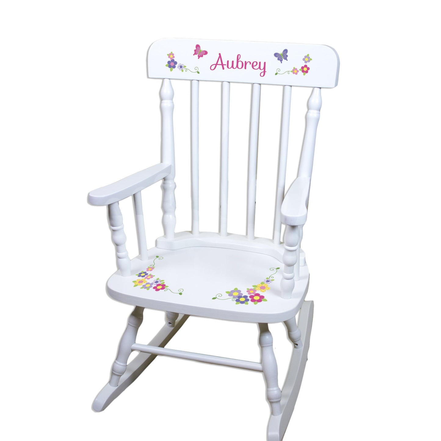 My Bambino Girl's Personalized White Wood Rocking Chair Toddler Baby Gift (Bright Butterfly Garland)