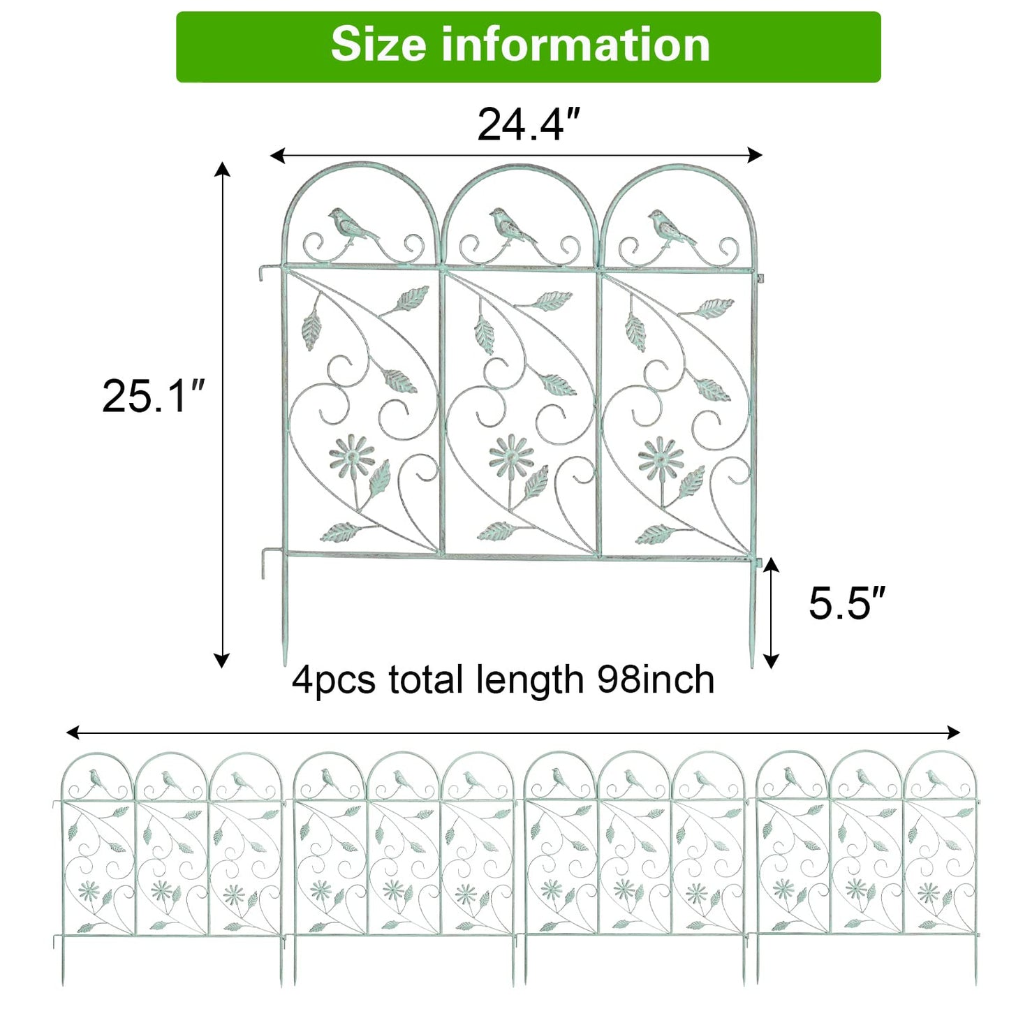 Sungmor 25in x 8ft Metal Garden Fence Border, Rustic Style Decorative Garden Fence Animal Barrier, Landscape Pathway Edge Iron Picket Fence Panels, Plant Support Climbing Trellis, Pack of 4