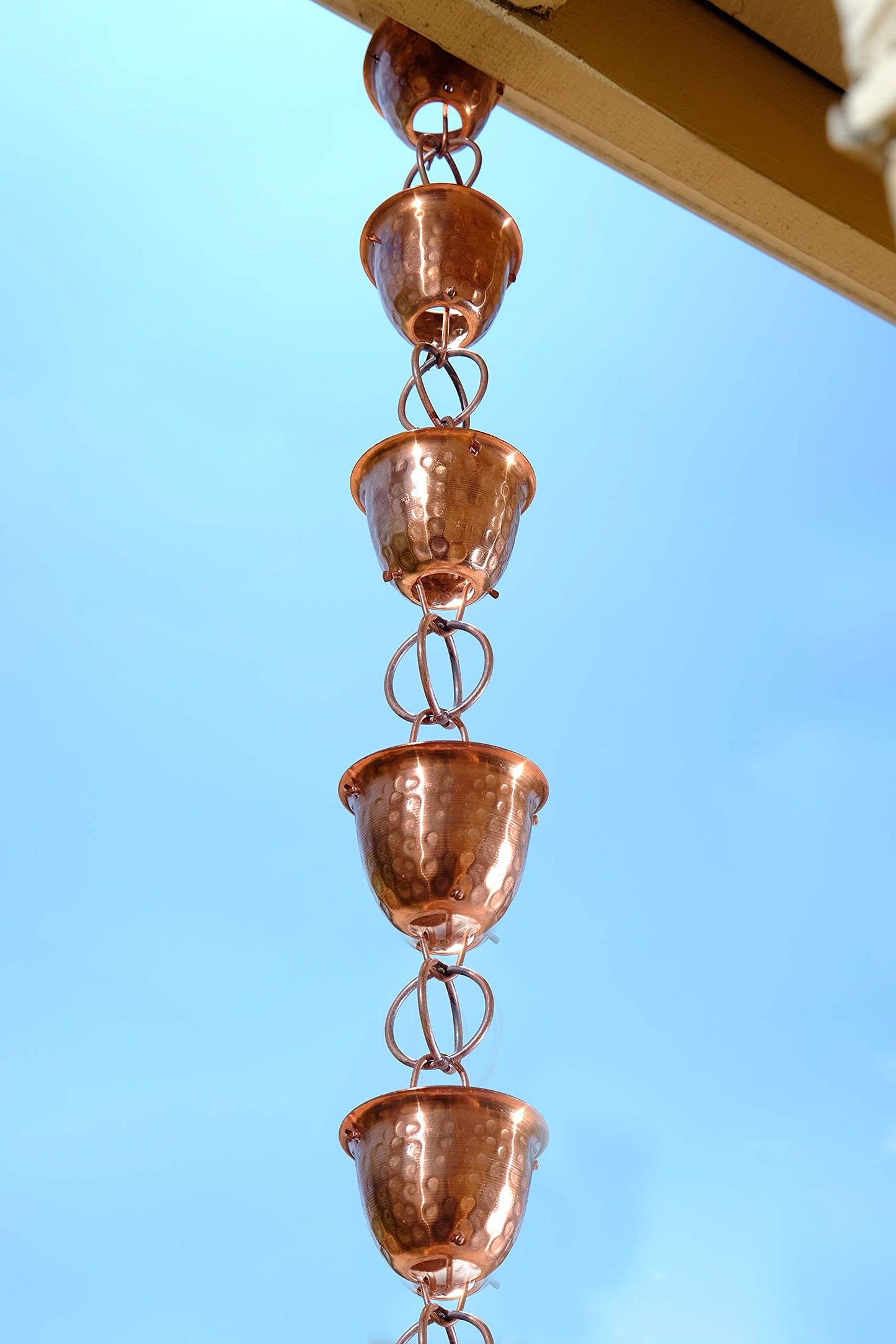 Monarch Rain Chains 26558 Pure Copper Hammered Cup Rain Chain Replacement Downspout for Gutters, 8-1/2 Feet Length