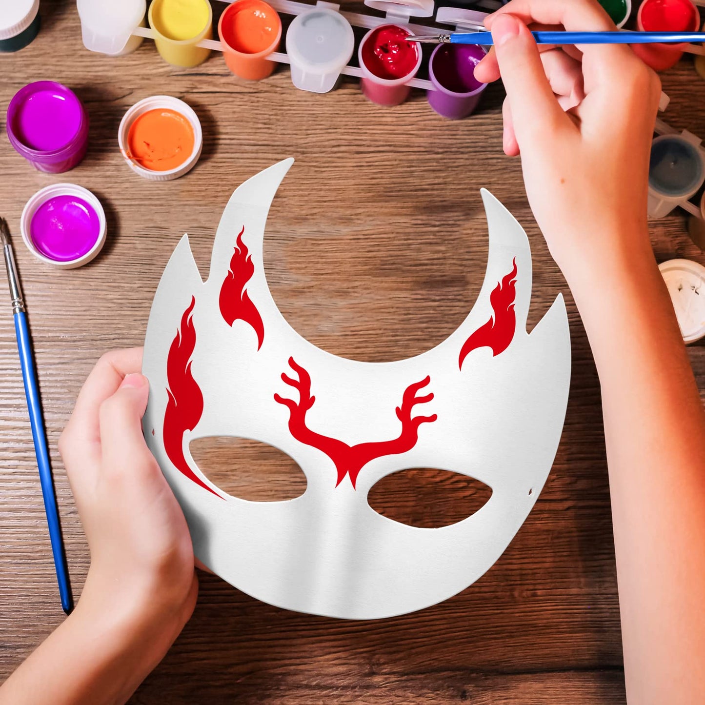 Elcoho 24 Pieces White Paper Masks Half Face Masquerade Masks DIY Hand Painted Masks with Tether Acrylic Paints Brushes Mardi Gras Masks for Halloween, Cosplay Party