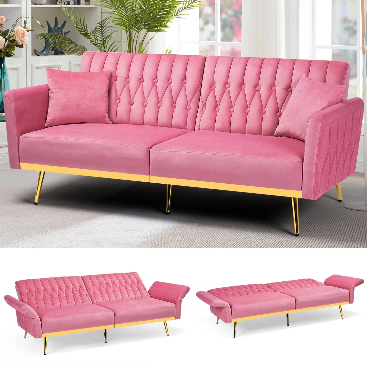 ACMEASE 70” Velvet Futon Sofa Bed with 2 Pillows and Adjustable Armrests, Convertible Sleeper Bed, Modern Loveseat for Living Room, Bedroom, Pink