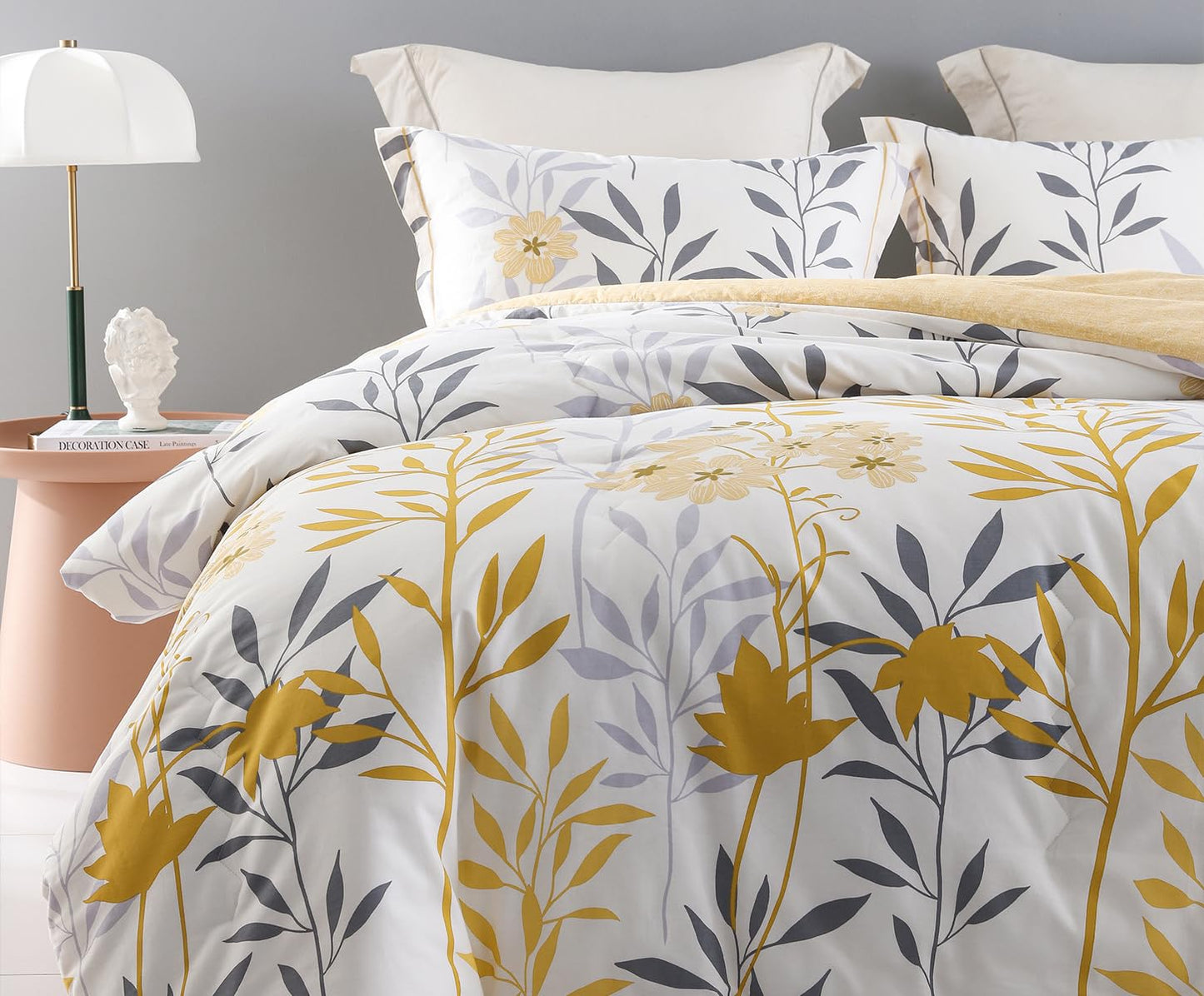 SLEEPBELLA Cotton Queen Size Comforter, 600 Thread Count Cotton Grey Branch with Yellow Flower & Grey Leaves Pattern Comforter Set,Down Alternative Bedding Set 3Pcs(Queen, Yellow Botanical)