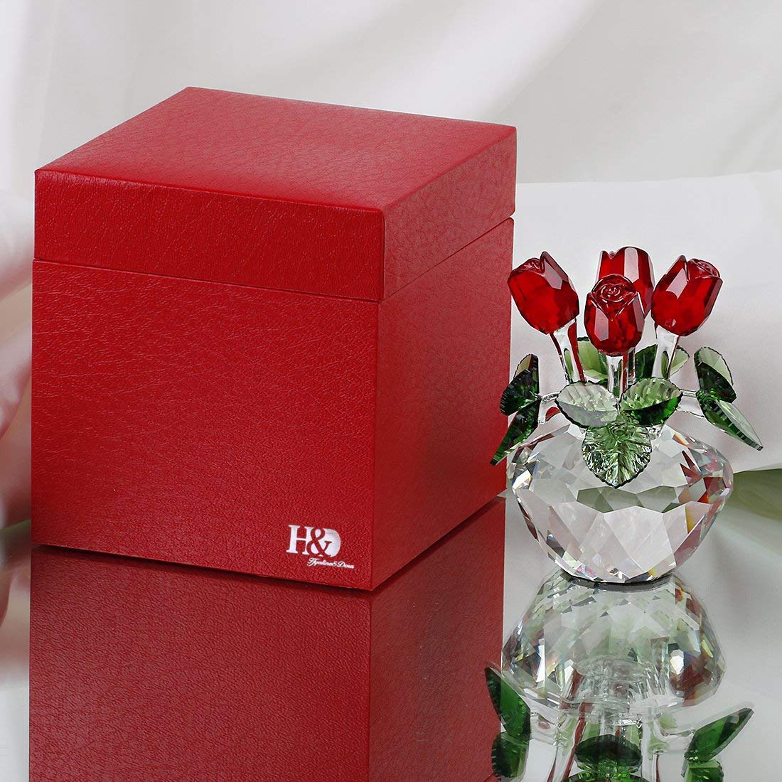 H&D HYALINE & DORA Red Rose Figurine Ornament Spring Bouquet Crystal Glass Flowers Gift-Boxed