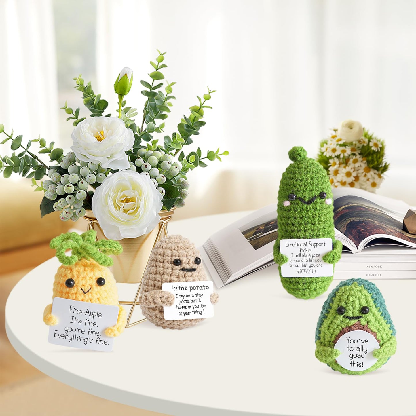 Urbun 4PCS Handmade Positive Crochet Doll Set-Emotional Support Pickle, Positive Potato, Avocado and Pineapple,Cute Encouragement Ornament Cucumber Knitted Doll with Positive Card