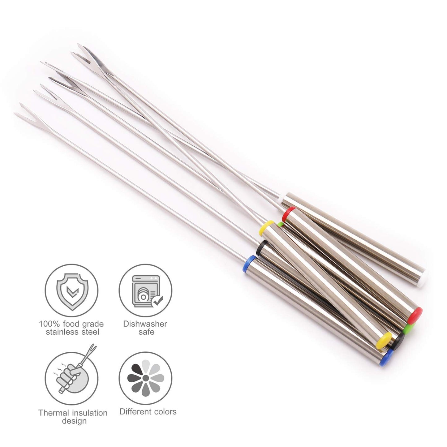 Set of 12 Stainless Steel Fondue Forks 9.5", Color Coded Cheese Fondue Forks Smores Sticks with Heat Resistant Handle for Chocolate Fountain Cheese Roast Marshmallows Dessert Fruits