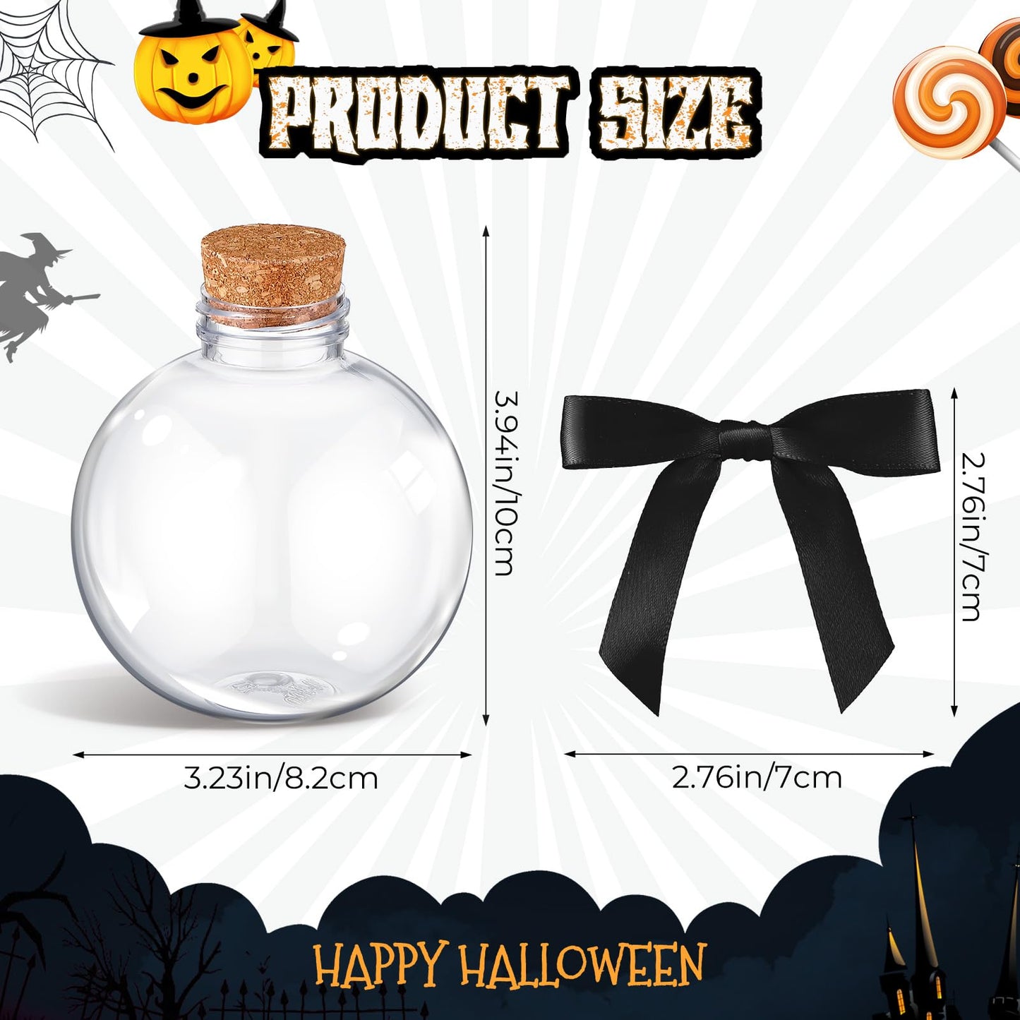 Baderke 24 Pcs Spherical Plastic Potion Bottles with Bows 8.5 oz Halloween Candy Jars Round Bottles with Cork Decorative Bottle for Halloween Christmas Party Favor Gifts(Black,Solid)