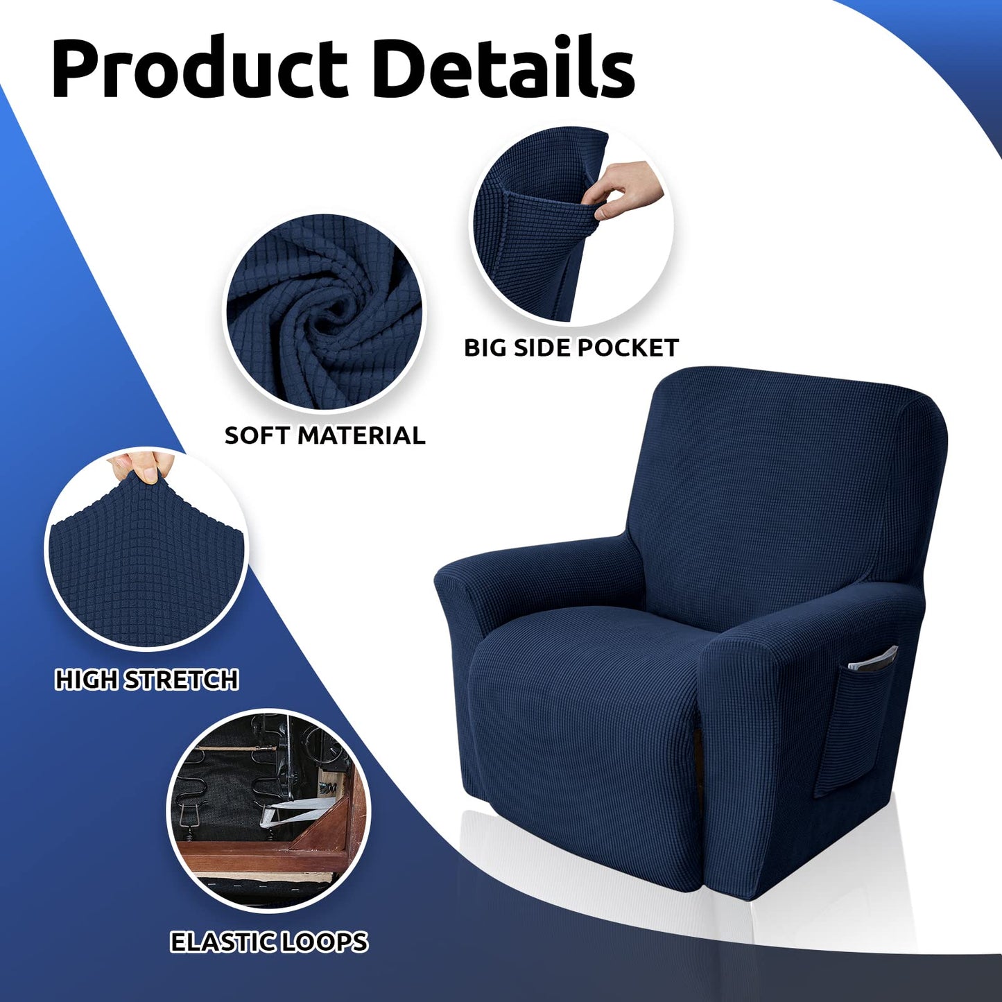 KEKUOU Recliner Chair Covers,Lazy Boy Recliner Covers Stretch Couch Cover Slipcovers 1 Piece Furniture Protector with Elastic Bottom for Dog,Kids.(Recliner, Navy Blue)