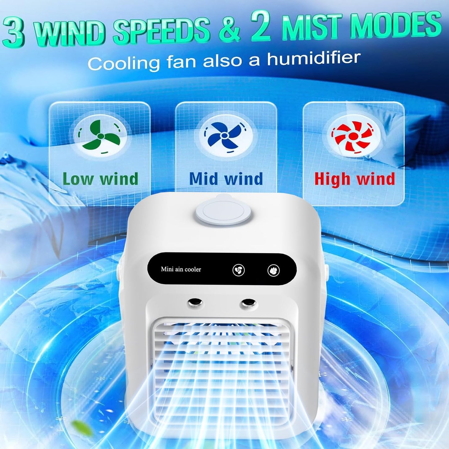 Portable Air Conditioners,3-In-1 Mini Air Conditioner For Bedroom, Air Cooler With Dual Fog Setting And Powerful Wind Speed,Affordable Cooling Options For Living Room, Bedroom, Desktop (White)