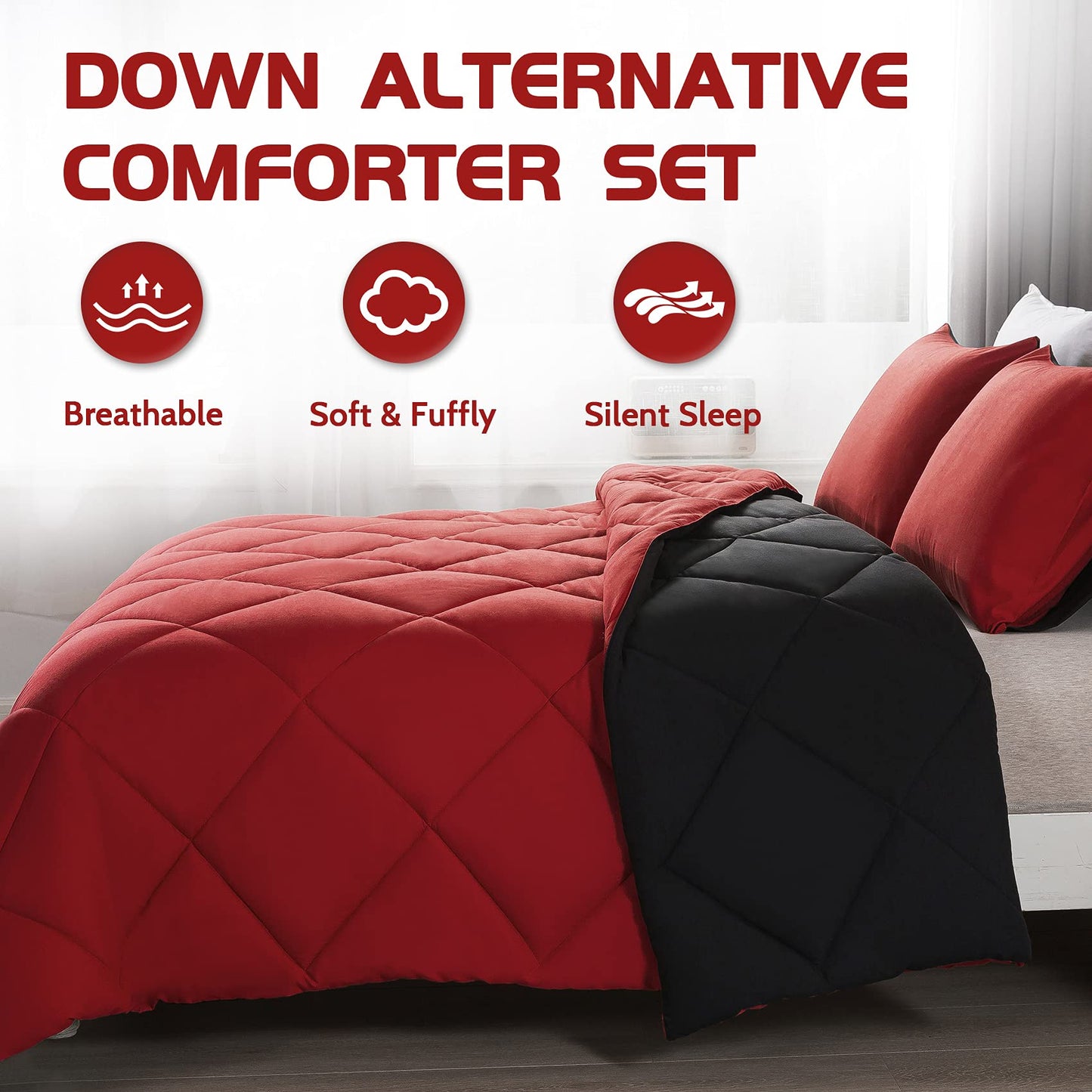 Decroom Lightweight California King Comforter Set with 2 Pillow Sham - 3 Pieces Set - Quilted Down Alternative Comforter/Duvet Insert for All Season - Red/Black - Cal King Size