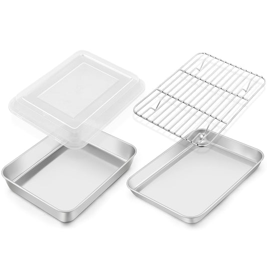 TeamFar Toaster Oven Pan, 9.3’’ x 7’’ Stainless Steel Mini Rectangular Cookware Baking Roasting Cake Pan with Cooling Rack and Lid, Healthy & Sturdy, Deep & Visible Lid, Dishwasher Safe – 4 PCS
