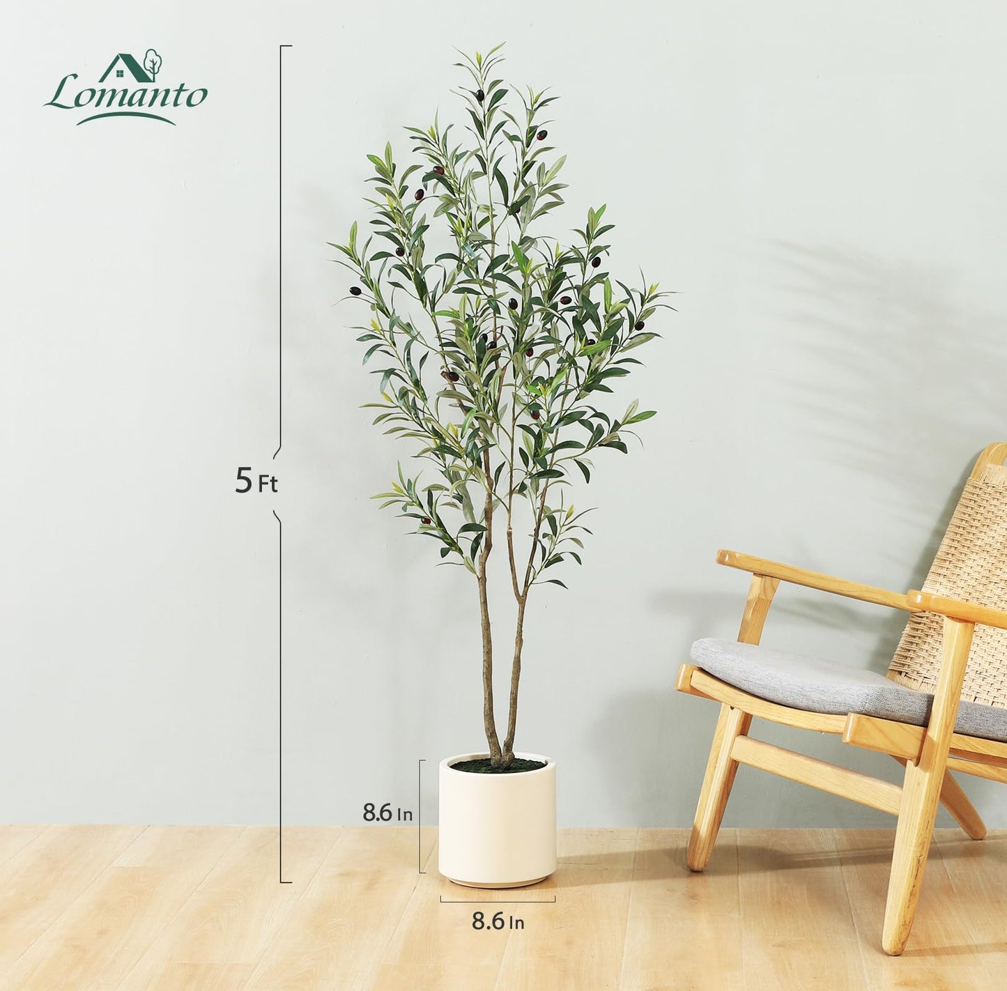 LOMANTO Artificial Olive Trees, 5 ft Tall Fake Olive Trees for Indoor, Faux Olive Silk Tree, Large Olive Plants with White Planter for Home Decor and Housewarming Gift, 1 Pack